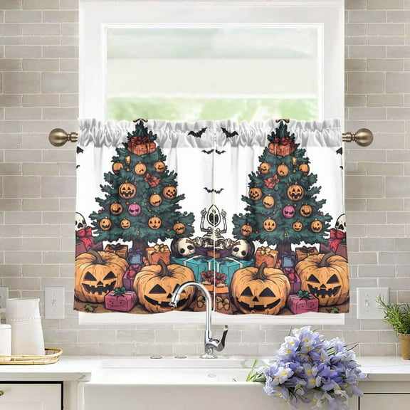 Yayeee Kitchen Curtains Tier Pair Light Filtering 27"x36" Rod Pocket Short Cafe Window Panel, Orange Halloween Trees