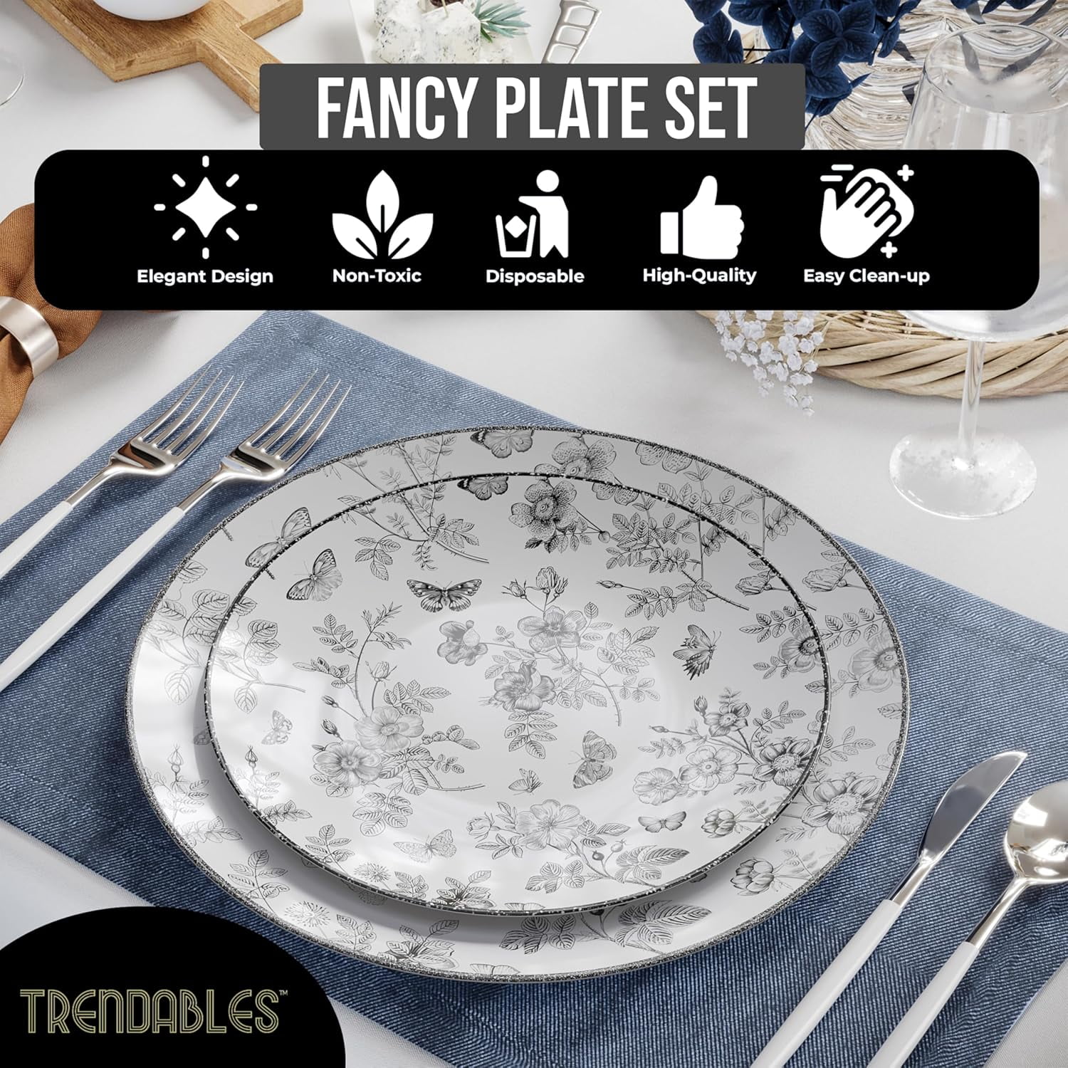 Trendables Disposable Plates For Party Supplies | Black Floral Plastic Plates For Wedding 80 Pcs - 40 X 8 & 40 X 10 Dinner Plate Sets | Floral Plate Set Disposable Plastic Dinnerware Sets