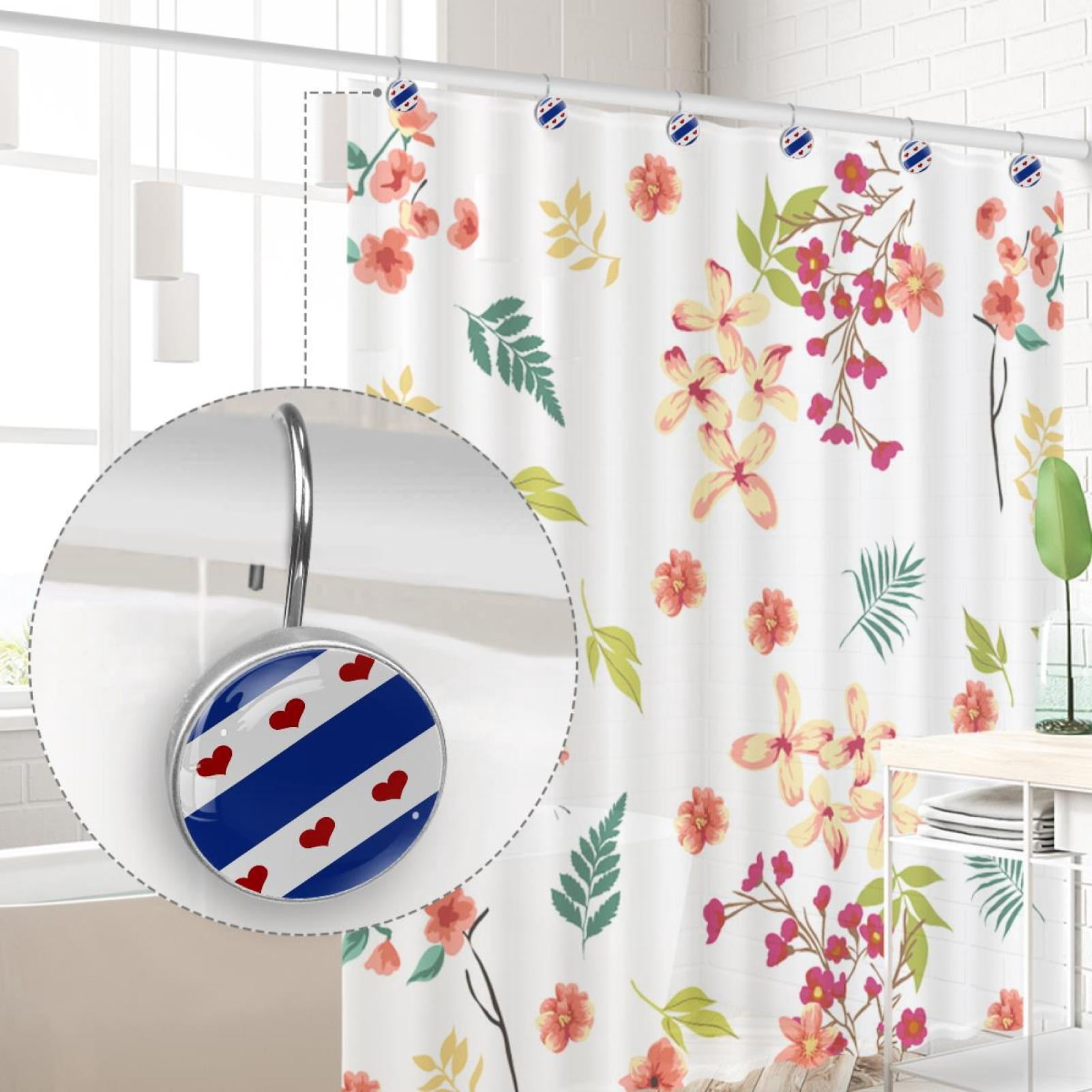 Happy July 4Th Shower Curtain Hooks（Set of 12）for Home Hotel Shower Rods Bathroom Crystal Glass Print Stainless Steel Round Curtain Hooks