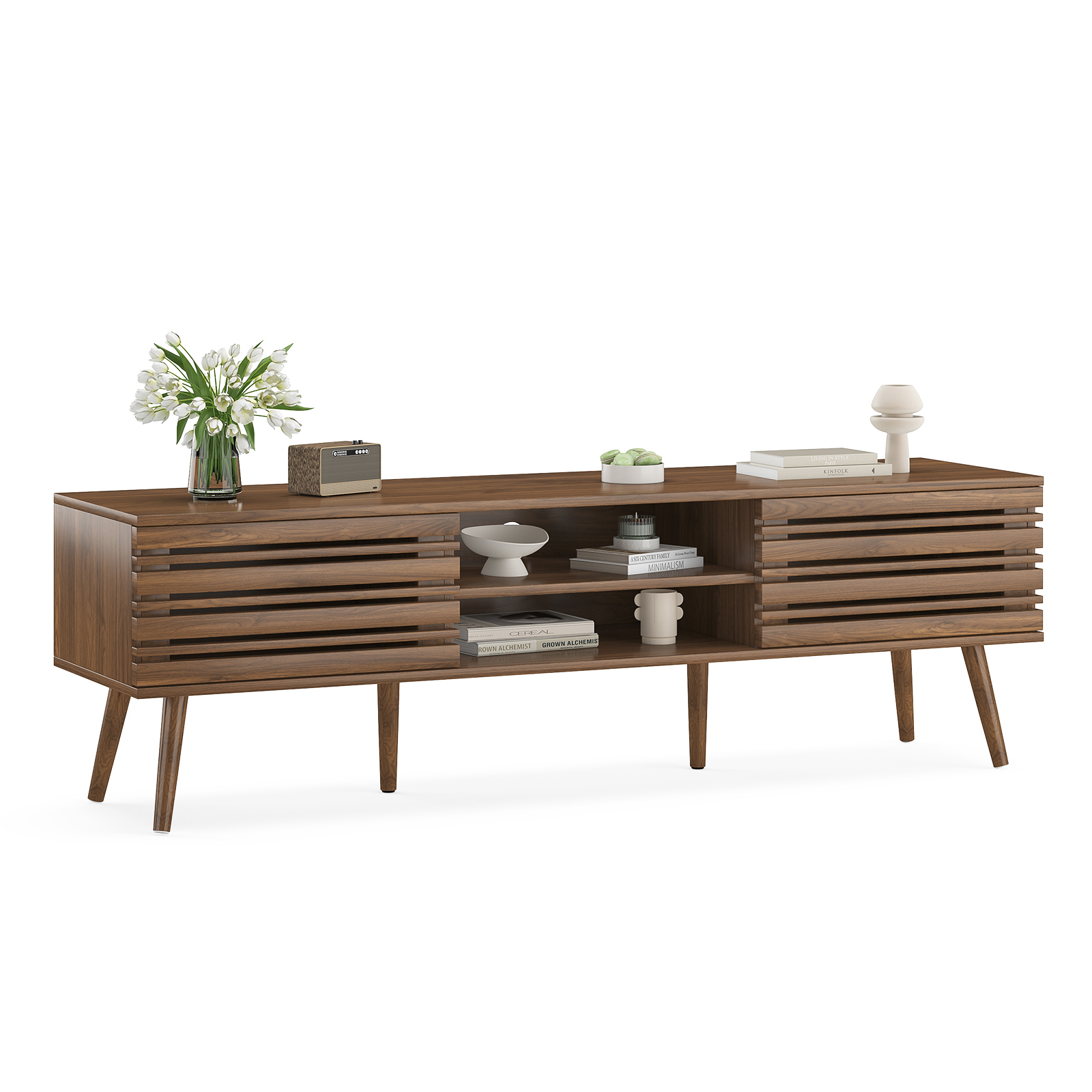 Hommoo Mid Century Modern TV Stands up to 70", Wooden Home Entertainment Center TV Console Cabinet with Sliding Tambour Door & Adjustable Shelves, Natural Walnut