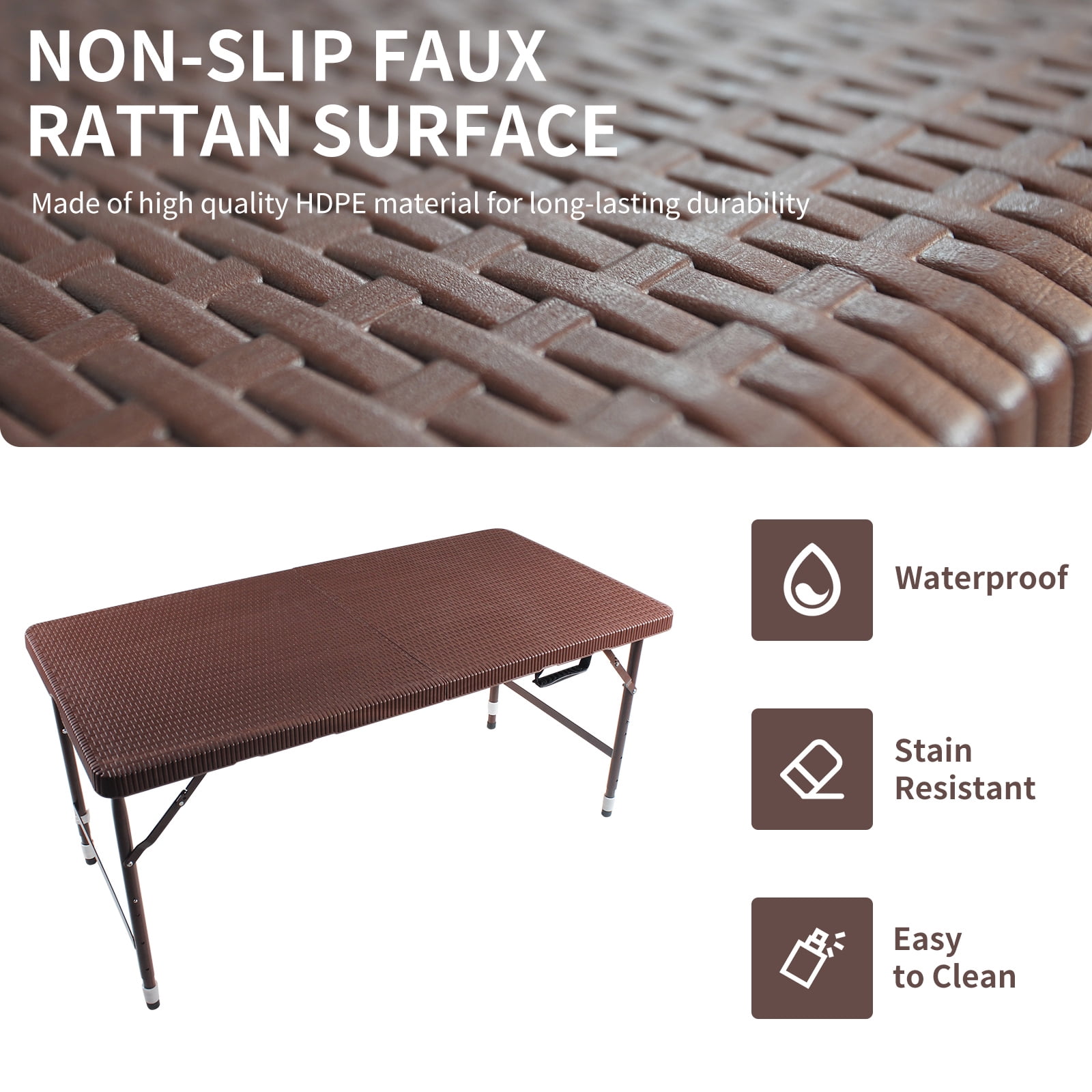 Hommoo 4FT Rattan Folding Table, Plastic Adjustable Portable Foldable Table, Camping Table for Indoor& Outdoor, Brown