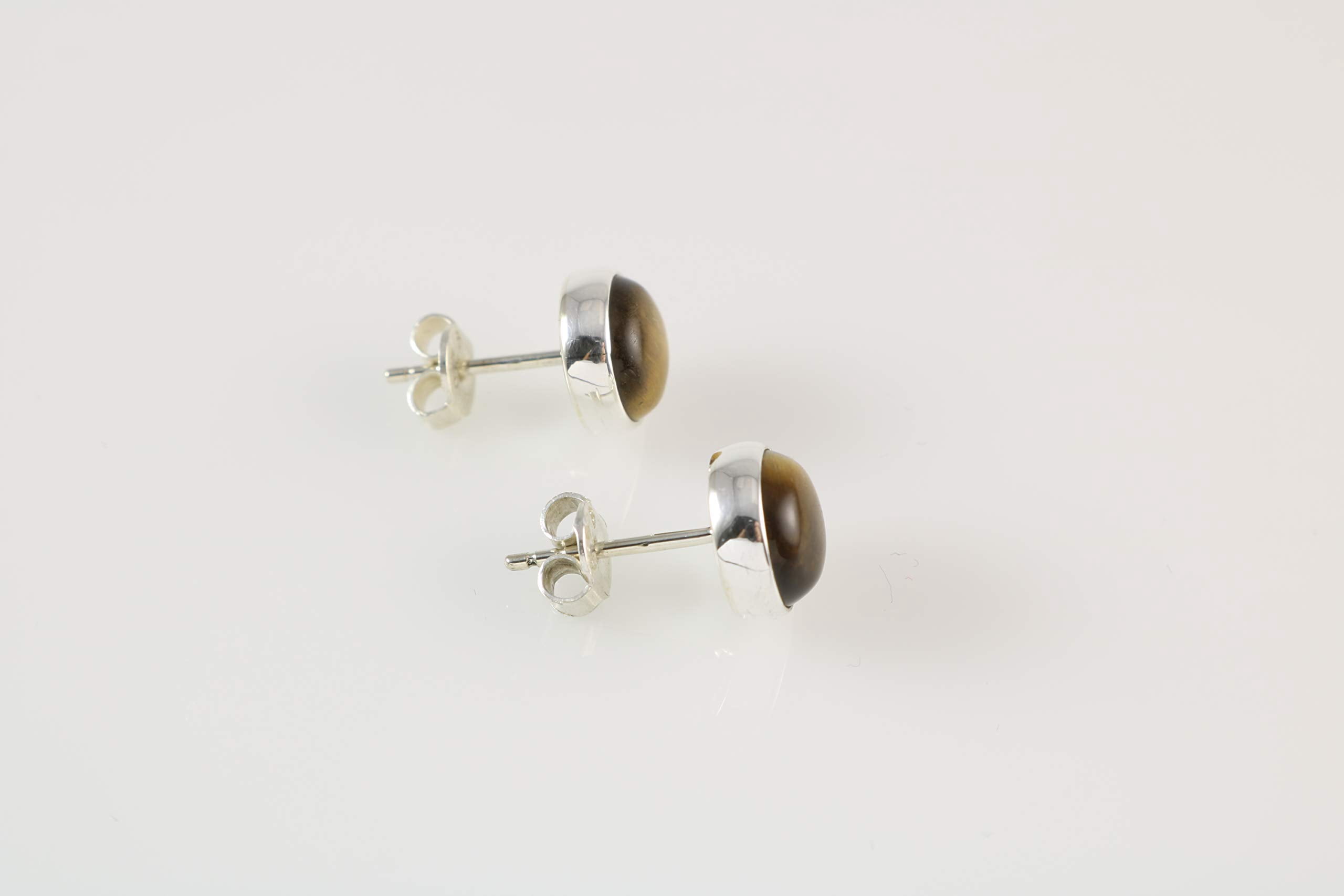 Echmeck Sterling Silver 925 Round Natural Brown Tiger Eye 9mm Handmade Stud Earrings for Women and Men