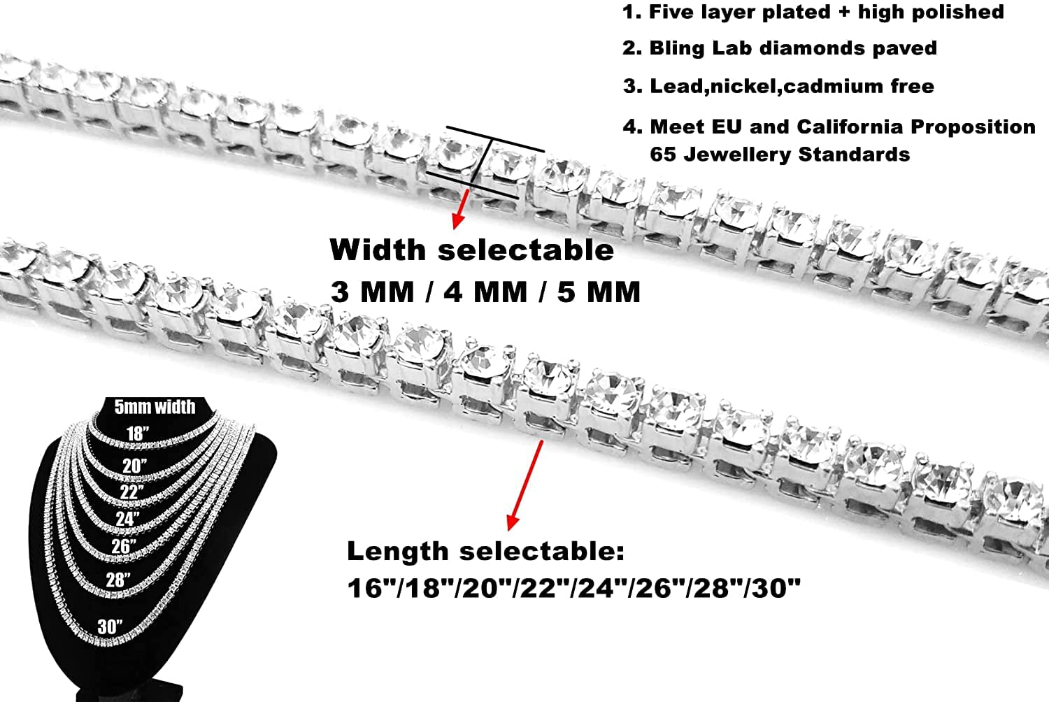 HH Bling Empire Iced Out Fake Diamond Tennis Chain for Men Women in Silver Gold Multicolored 5mm width 16 18 20 22 24 30 Inches 