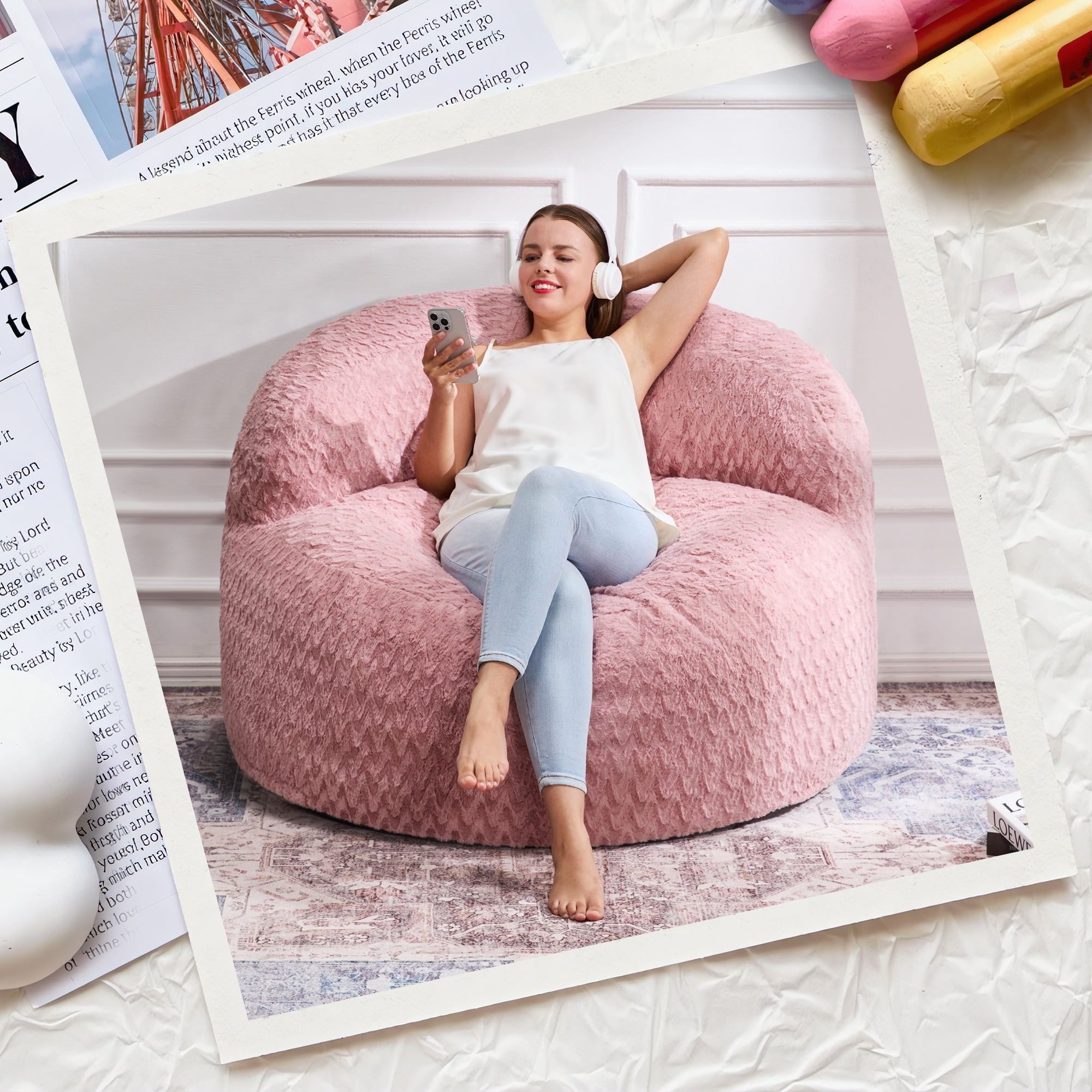 Hobestluk 3FT Bean Bag Chair for Adults with Memory Foam Filler Giant Beanbag with Faux Fur Cover for Bedroom (Chevron Pink,Large)