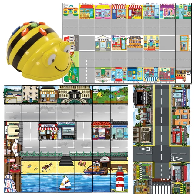 TTS Bee-Bot Programmable Floor Robot - See & Say Version - STEM Bundle with French Town Mat, Seaside Mat & Busy Street Mat for Coding and Navigation Learning