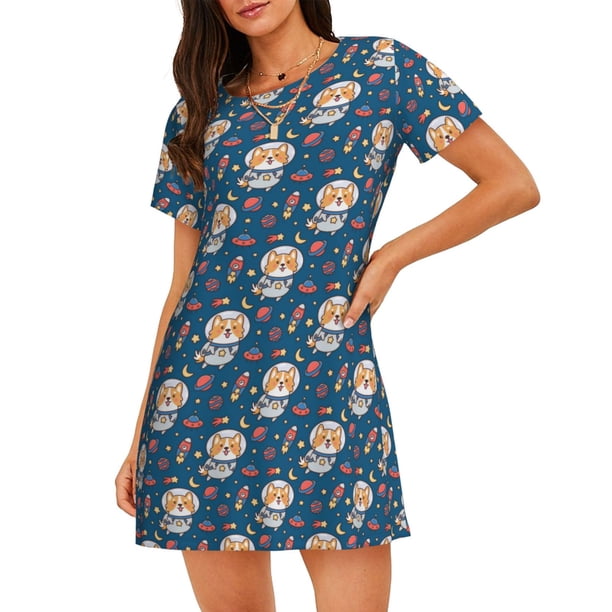 Balery Astronaut Corgi Dog Camisón de manga corta con cuello redondo para mujer, cómodo y elegante.