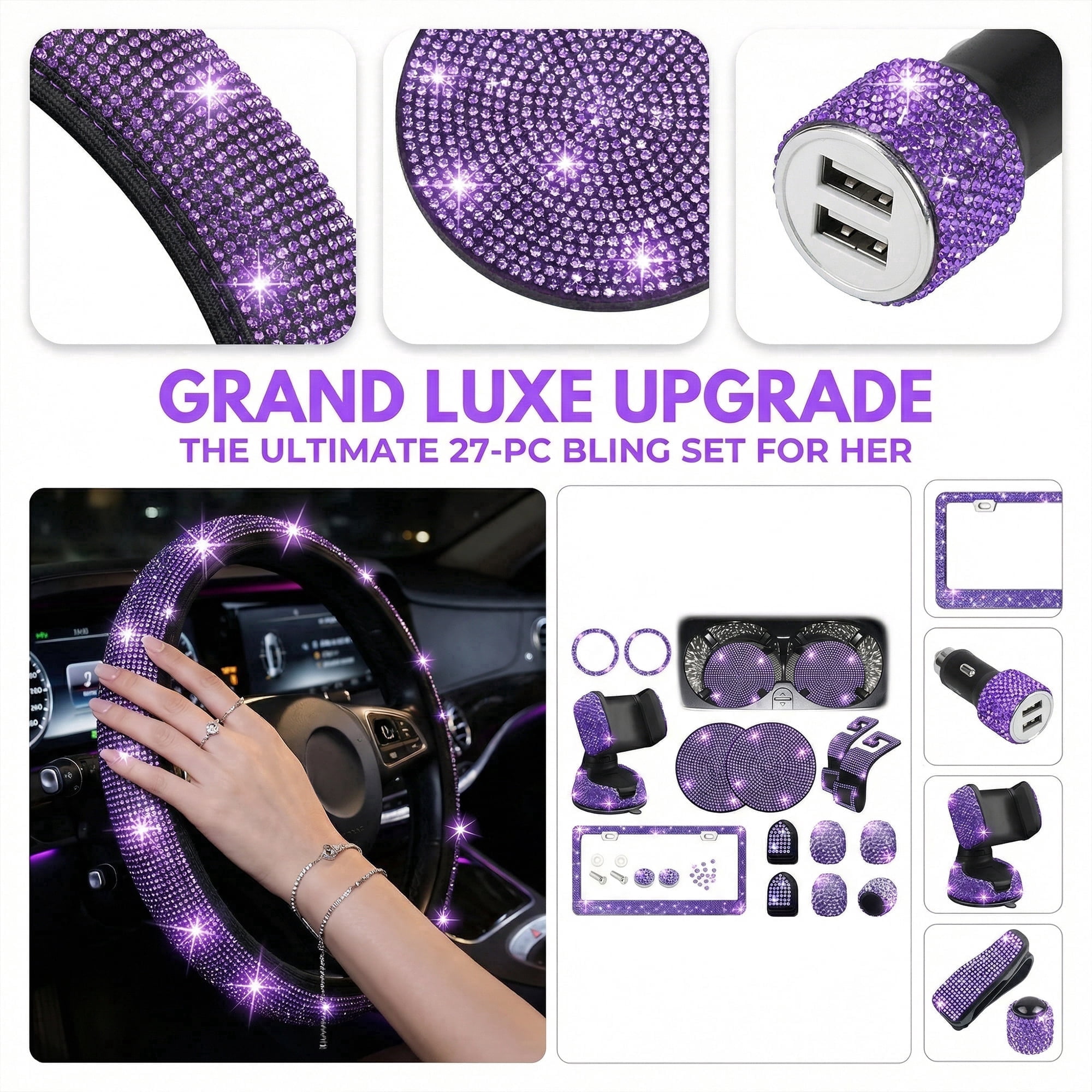 Laptom Max Purple, 1 mm, Universal Fit Cover, Rhinestone Steering Wheel Cover