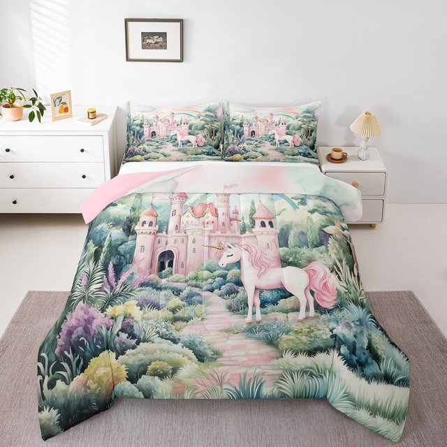 Erosebridal Ensembles de Literie Kawaii Château Double avec Couette, Insert de Couette Princesse de Rêve, Décoration Licorne, Réversible, Léger, 3 Pcs