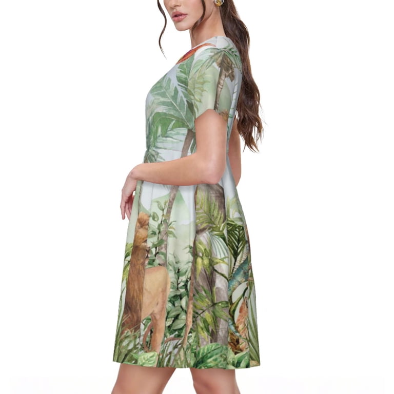 Rocae Watercolor African Animals Wildlife for Dresses Summer Casual Ruffle  Short Sleeve Cute Crew Neck Flowy Dress with Pockets - Walmart.com