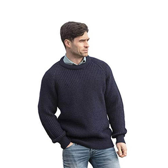 Aran Crafts Men's Fisherman Irish Rib Crew Neck Wool Sweater (C761-LARGE-NAVY)