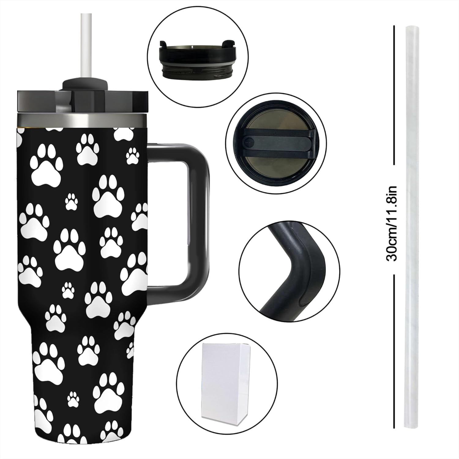 Dog Paw Prints 40 Oz (1200 ml) Insulated Coffee Tumbler with Black Handle, Cute Reusable Stainless Steel Travel Mug Cup with Straw Lid for Women Men Party Birthday Gifts