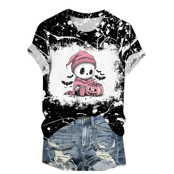 LYEAA Halloween Tshirts Shirts for Women Graphic Short Sleeve Crew Neck Regular Straight Cuff Casual Wear Ghost Holiday Clothes Black L