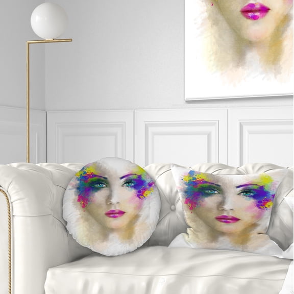 Designart Fantast Woman with Blue Flowers - Abstract Portrait Throw Pillow - 12x20