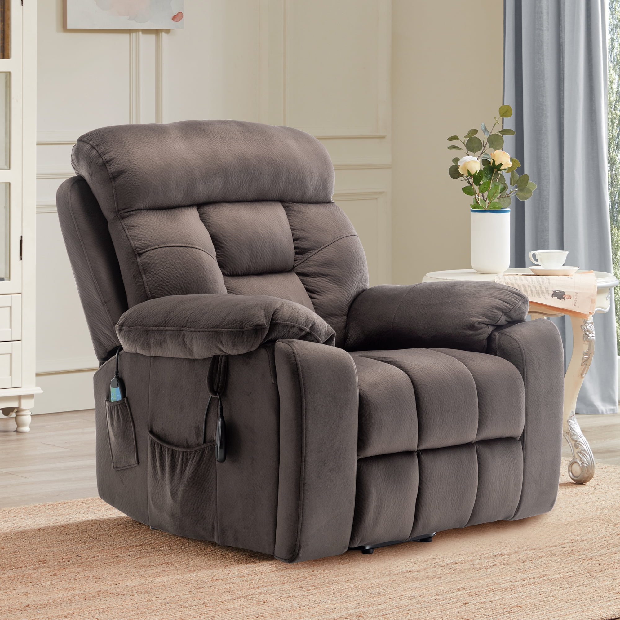 PAPROOS Oversized Electric Massage Lift Chair, Large Power Lift Recliner with Heat Therapy, Fabric Reclining Sofa with Remote, Hidden Cup Holder and Side Pocket for Elderly Seniors, Antique Brown