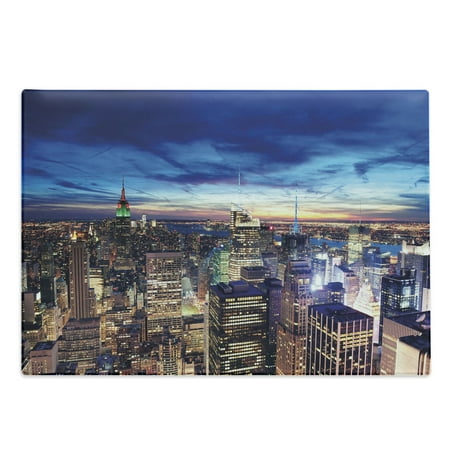 

City Cutting Board Empire State and Skyscrapers of Midtown Manhattan New York Aerial View at Dusk Decorative Tempered Glass Cutting and Serving Board Large Size Tan Navy Blue Aqua by Ambesonne