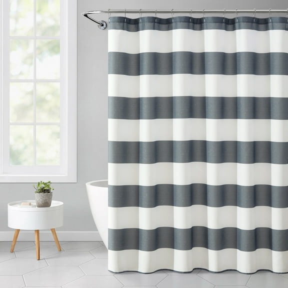 Mainstays Blue Cabana Striped Printed 72" x 72" Ribbed Textured Shower Curtain, Polyester