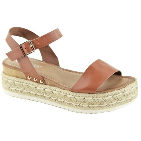 Women Flatform Platform Espadrille Mary Jane Strap Open Toe Sandal Wedge Camel