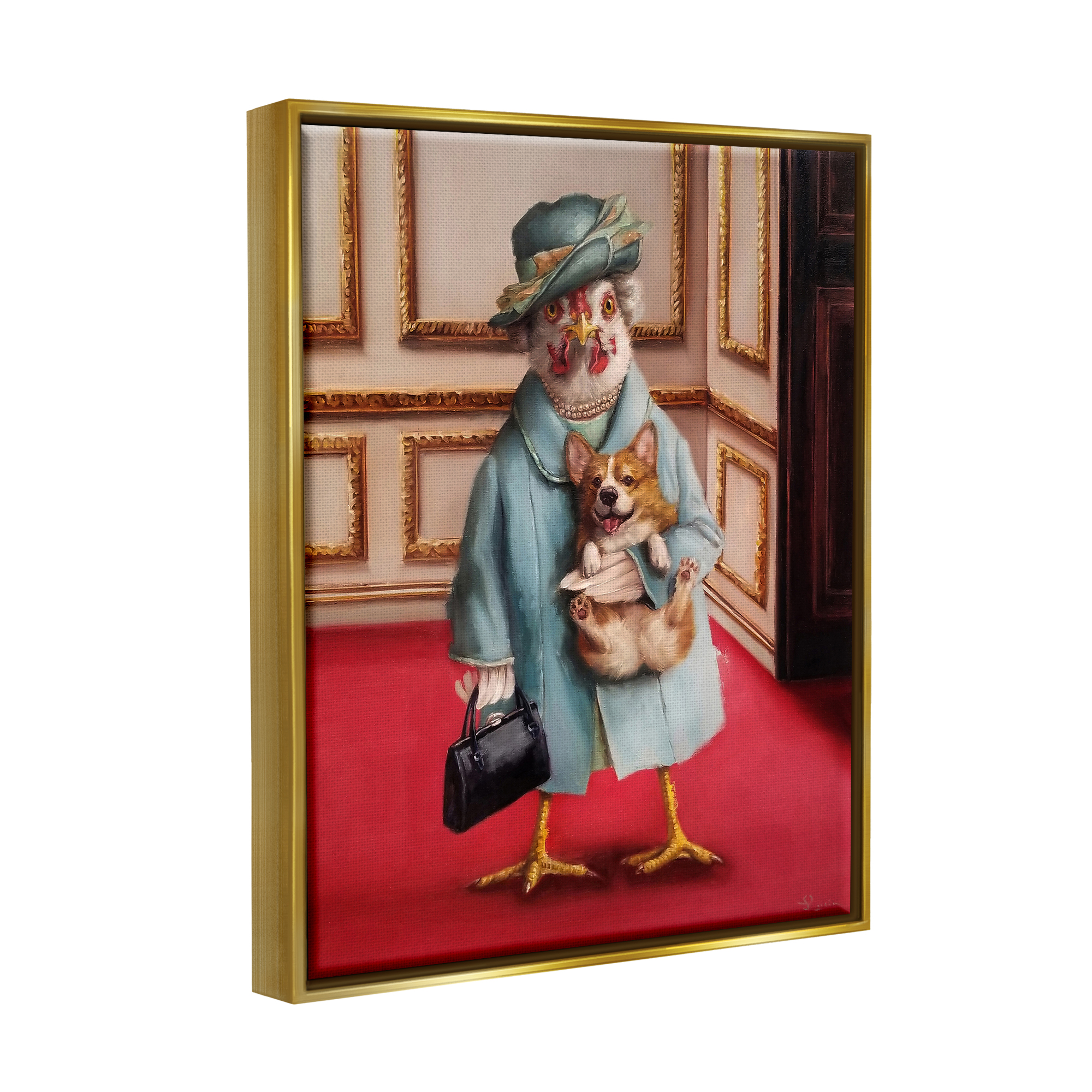 Stupell Industries Queen Chicken with Corgi Regal Animal Humor Metallic Gold Framed Floating Canvas Wall Art, 24x30, by Lucia Heffernan