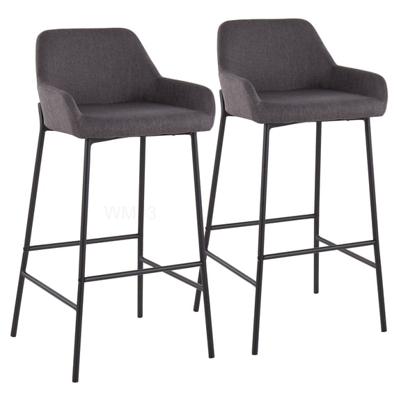 Set of 2 Black Metal Bar Stools with Charcoal Upholstered Seat, Industrial Fixed Height Counter Stools for Kitchen and Bar