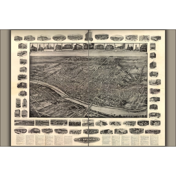 24"x36" Gallery Poster, Aero view map of New Brunswick, New Jersey, 1910