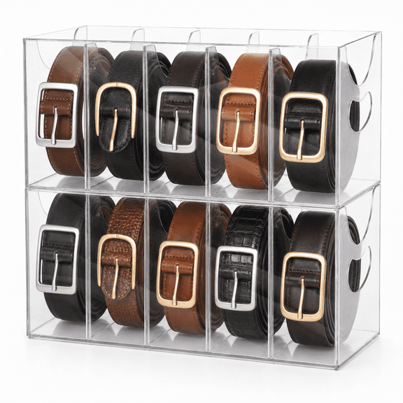 2 Pack Clear Stackable Belt Organizer – 5 Compartments with Removable Dividers – Multi-Purpose Display Bins with Inserts for Closet Drawer
