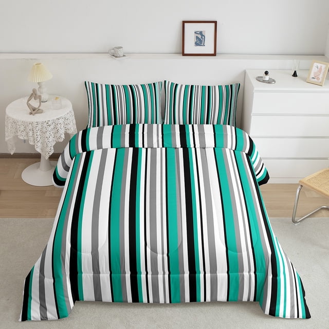 Erosebridal Abstract Stripe Bedding Comforter Set, Green Gray White Black Line Down Comforter, Geometry Home Decor Lightweight 2 Pieces