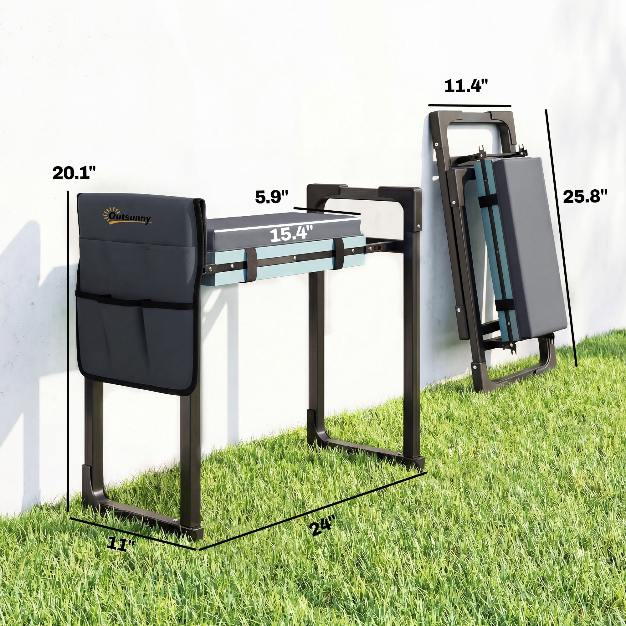 Outsunny Garden Kneeler and Seat, 330lbs Heavy Duty Foldable Gardening Stool with Thicker Soft Kneeling Pad, Extendable Steel Leg, Large Tool Pouch