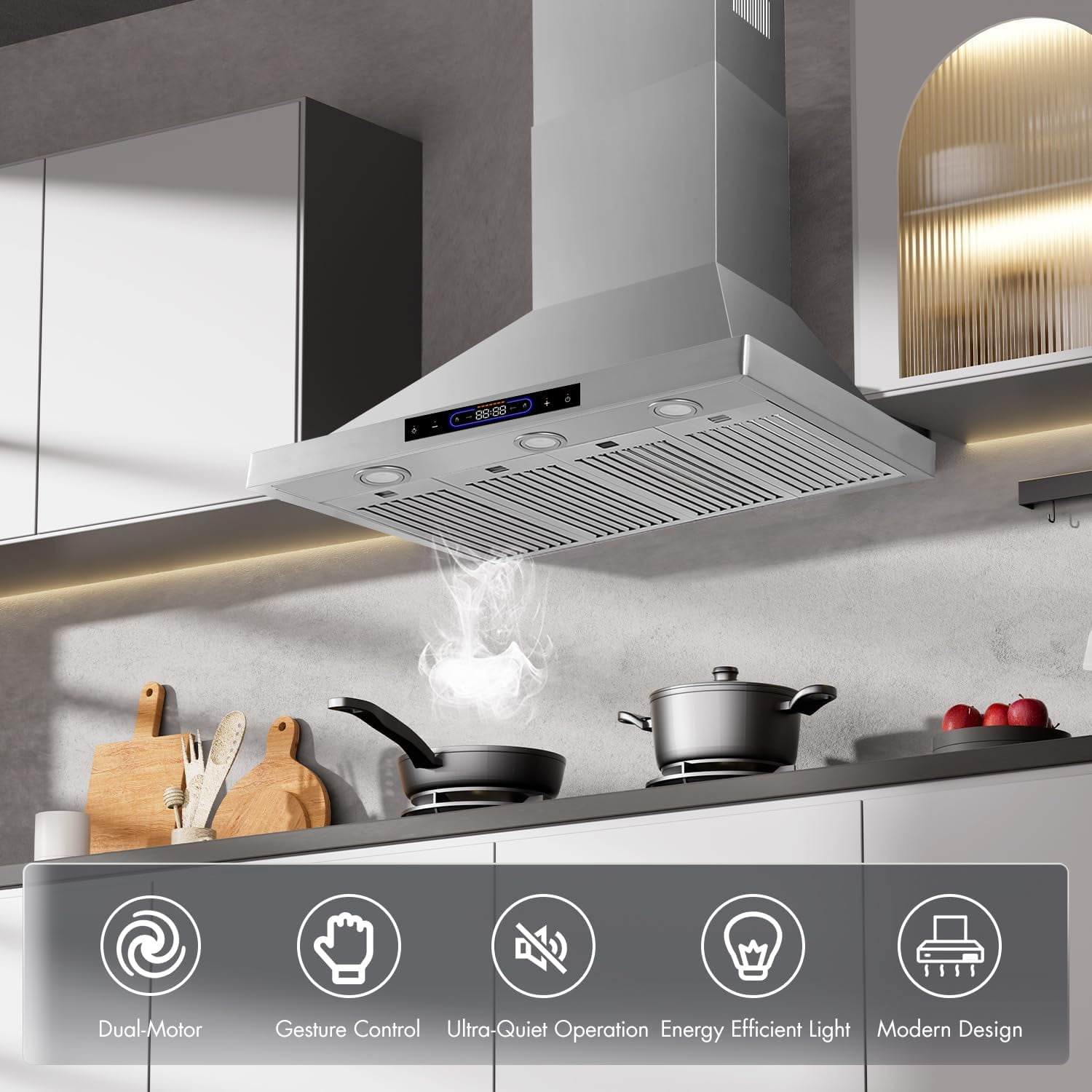 48 inch Wall Mount Range Hood Convertible Vent Dual Motors with Permanent Baffle Filters 1500 CFM Stainless Steel for Kitchen Gesture Sensing & Touch Control, 4 Speed Exhaust Fan, ETL Listed