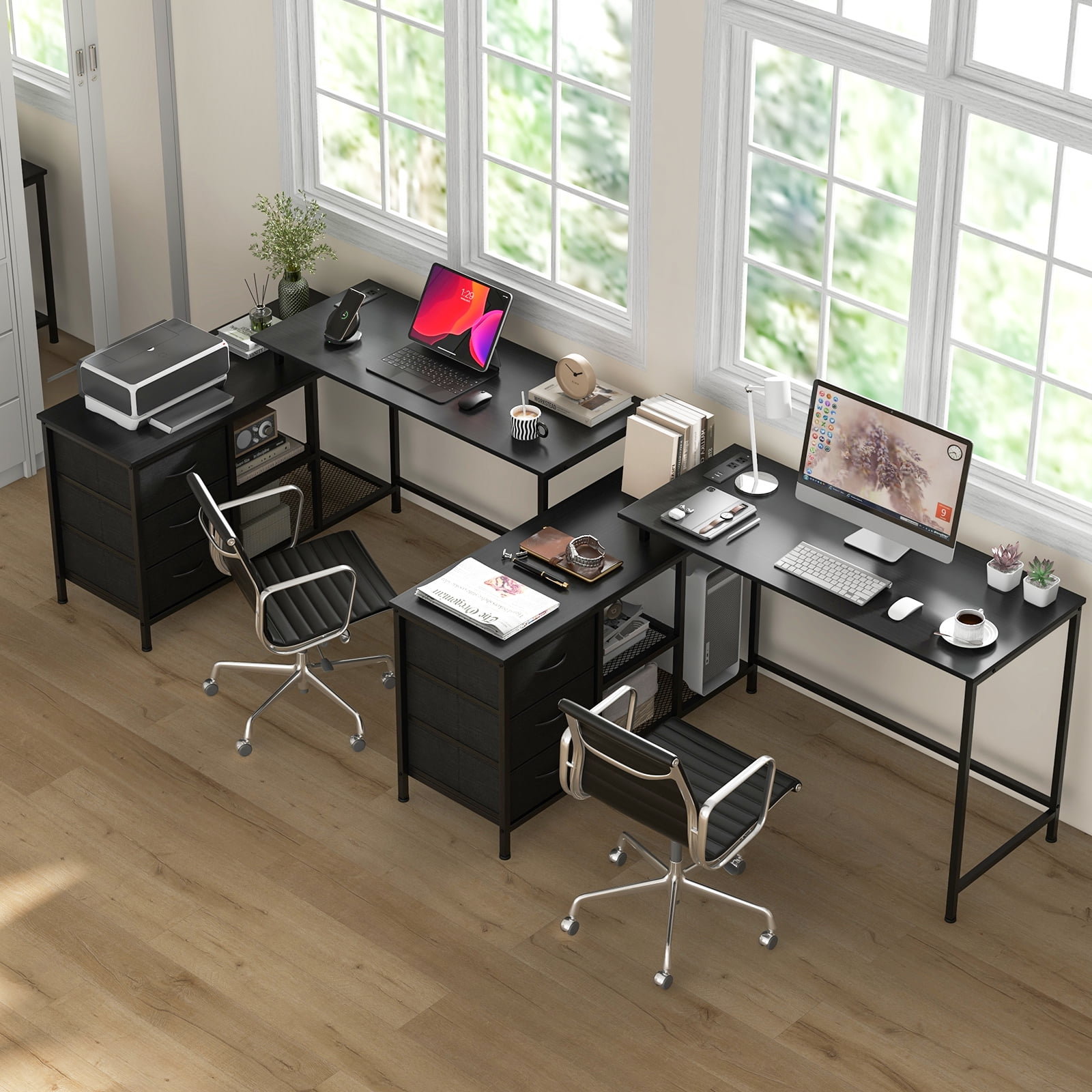 Topbuy L-Shaped Computer Desk with Drawers & Shelves 81” Convertible Home Office Desk with Charging Station Black