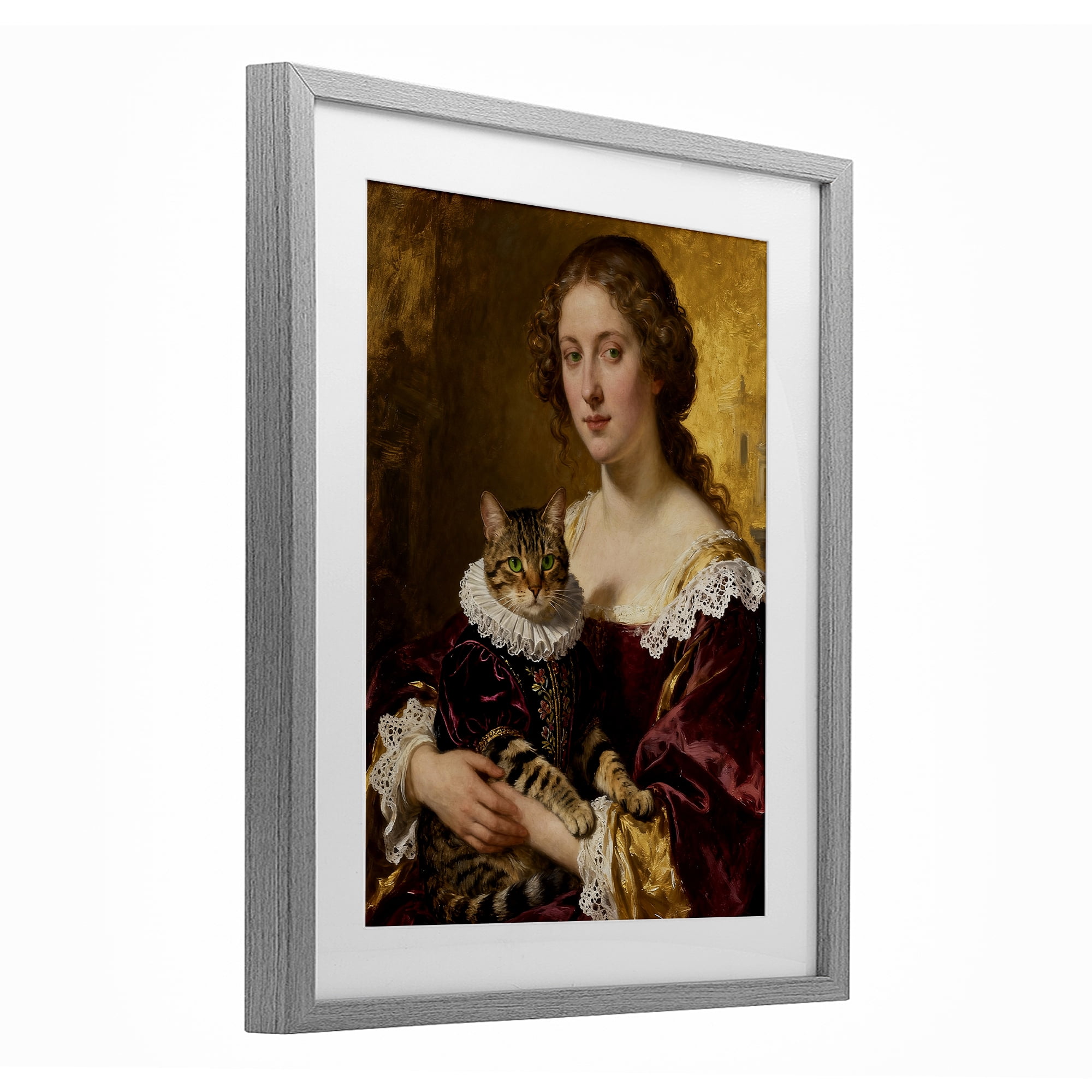 Stupell Industries Renaissance Lady with Regal Cat Gray Framed Print Under Glass, design by CAD Designs