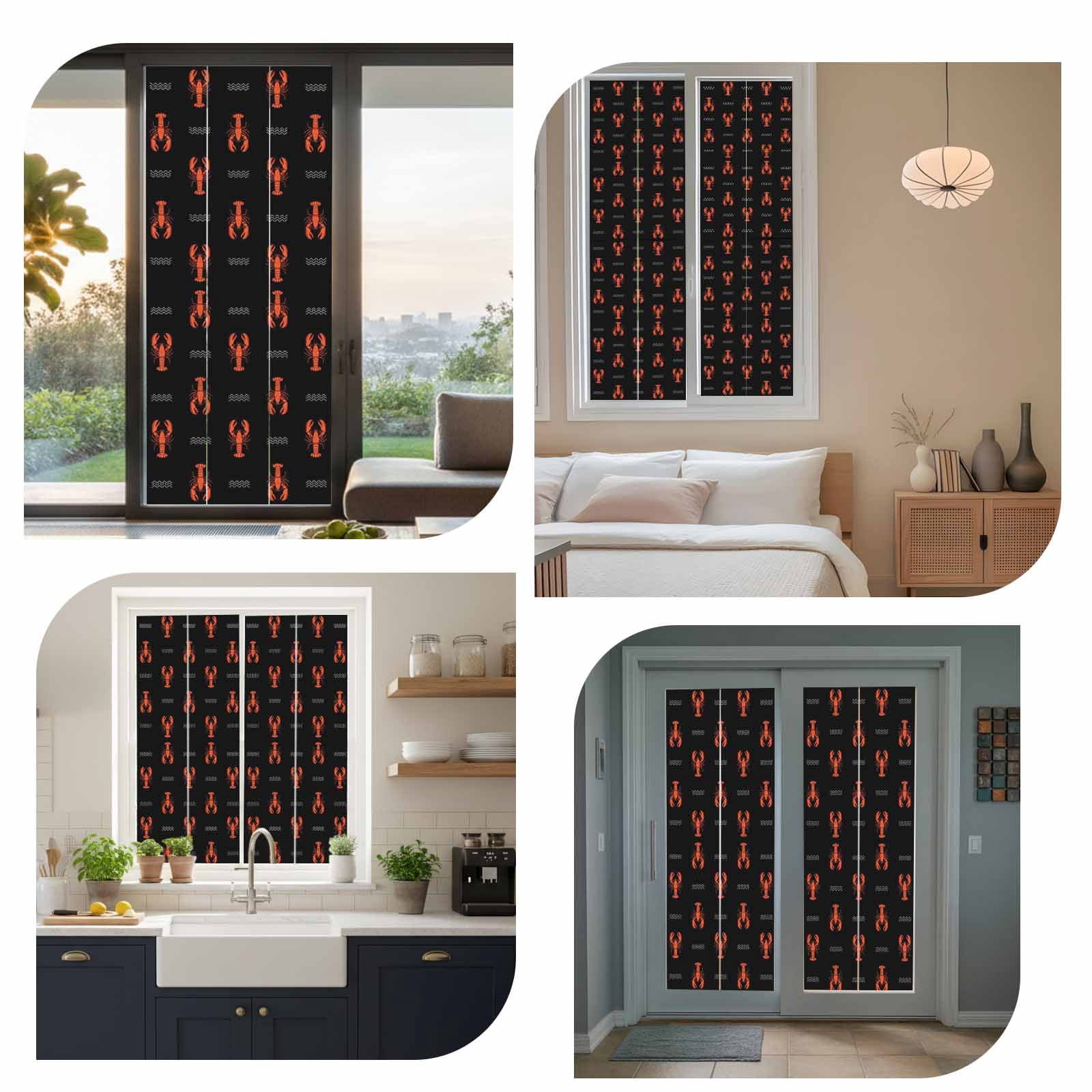 Marine Life Window Privacy Film, Red Lobster Ocean Wave Abstract Summer Black Frosted Glass Window Clings Static Cling UV Heat Blocking Reusable Door Sticker for Bathroom 23.6 x 59 Inch