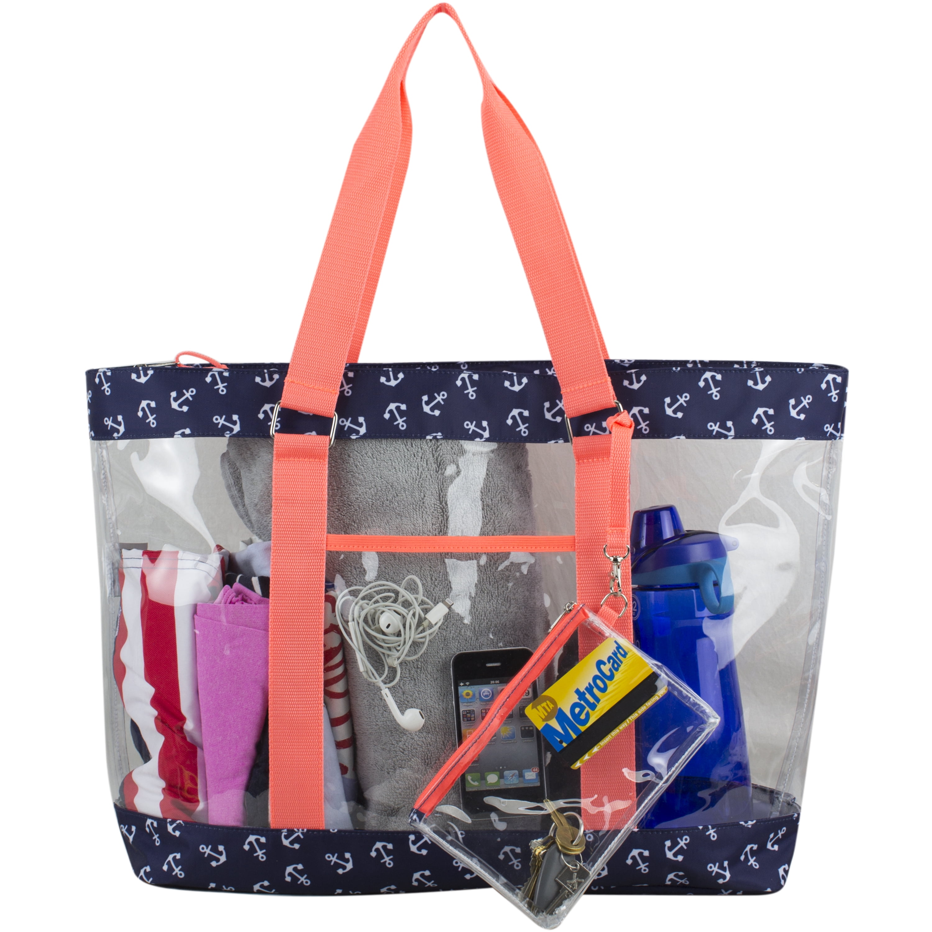 Eastsport Supreme Deluxe Clear Tote with Wristlet, Coral Blue Anchors