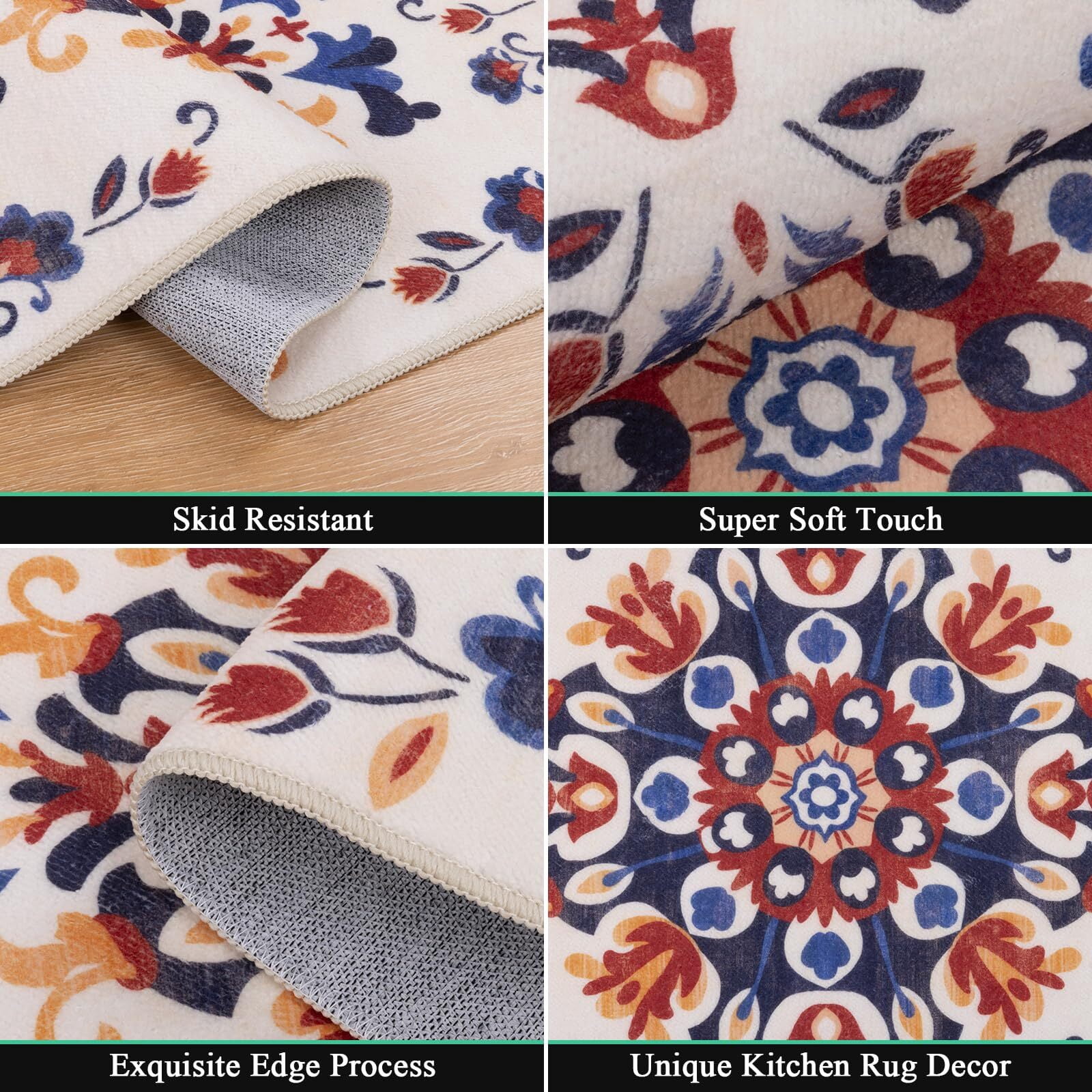 Findosom 3pcs Washable Kitchen Rug Set,Non-Slip Floral Boho Kitchen Mats Kitchen Runner Rug Floor Carpet for Hardwood Floor,Sink,Entryway,Bathroom,Home Decor,20"x32"+20"x48"+20"x59"