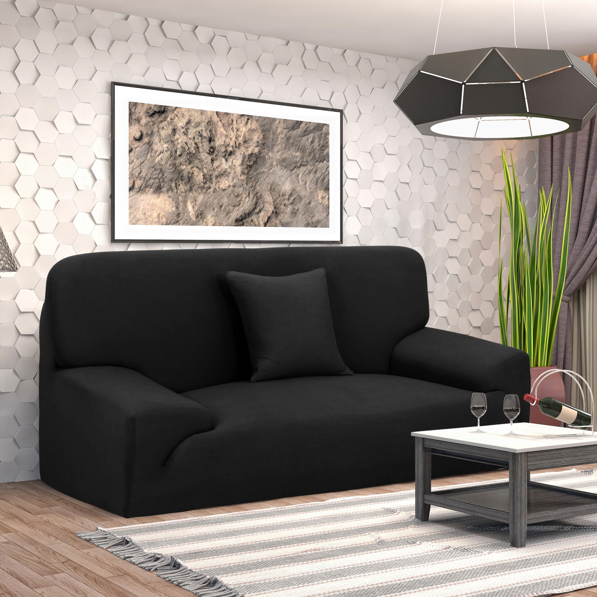 REGALWOVEN Thick Stretch Sofa Cover 2 Seater Solid Couch Cover, Black
