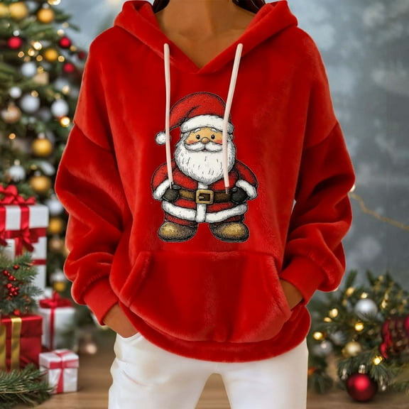 Xuniizn Christmas Sweatshirts for Women, Santa Print Long Sleeve Drawstring Front Pocket Double Velvet Oversized Hooded Tops, Soft Comfortable Warm Holiday Casual Hoodies