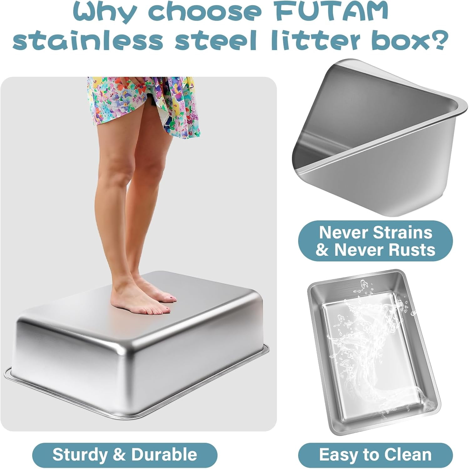 Stainless Steel Cat Litter Box, Large Pan 23.6“x15.7"x14" Metal Open-Top Large Kitten Litter Tray with Cover, Step, Scoop, Non-Stick Easy Cleaning, Gray