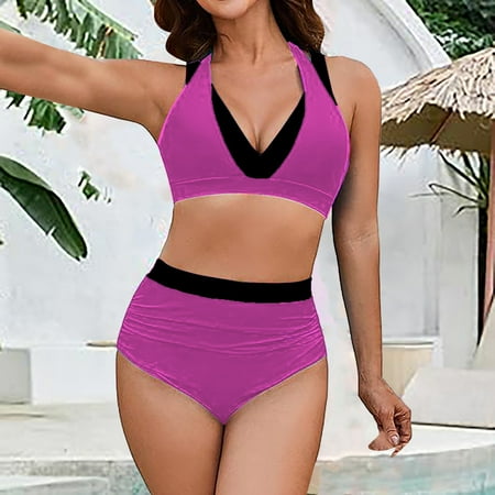 Ovticza Womens High Waisted Thong Bikini Sets Sexy Brazilian Triangle Top Halter V Neck Two Piece Swimsuit Color Block Bathing Suits Light Purple L