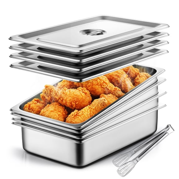 Hotel Pans with Lids 4 Pack 1/2 Half Size 4" Deep, Stainless Steel Pans for Home, Party, Hotel, Buffet