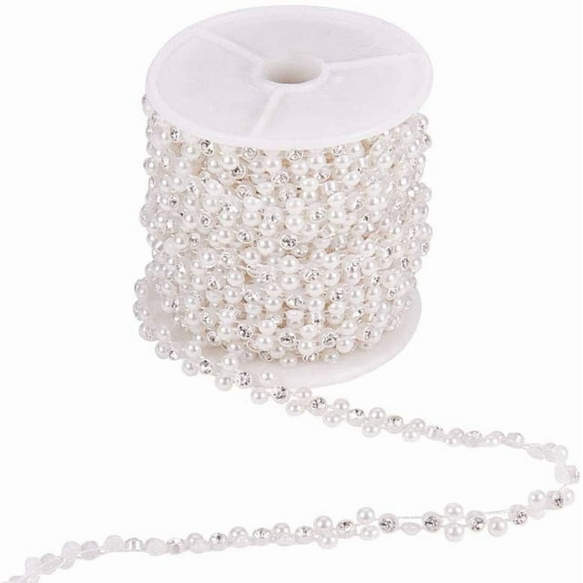 10 rollos de cadena de perlas de imitación de plástico y diamantes de imitación para decoración de bodas, fiestas, costura, decoración de tartas, color blanco.