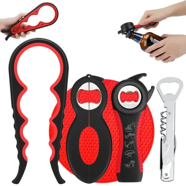 Bocaoying 5 Pack Jar Opener for Weak Hands, Seniors with Arthritis, 5 in 1 Multi Function Bottle Opener Lid Opener for Arthritic Hands, Non Slip Rubber Jar opener Gripper Pad, Beer Bottle Cap Opener(Red)