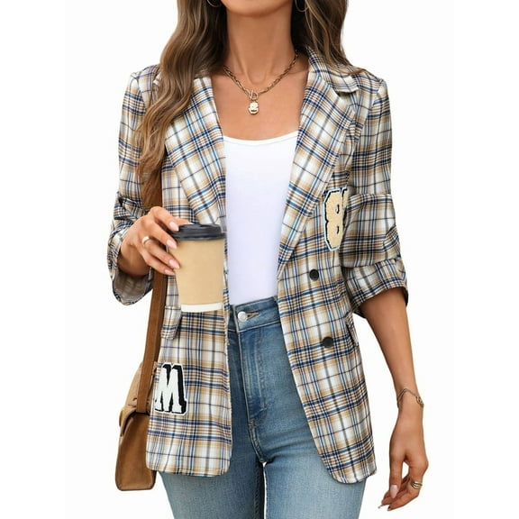 Womens Long Sleeve Casual Blazer Open Front Lapel Button Work Office Blazer Jackets Brown M