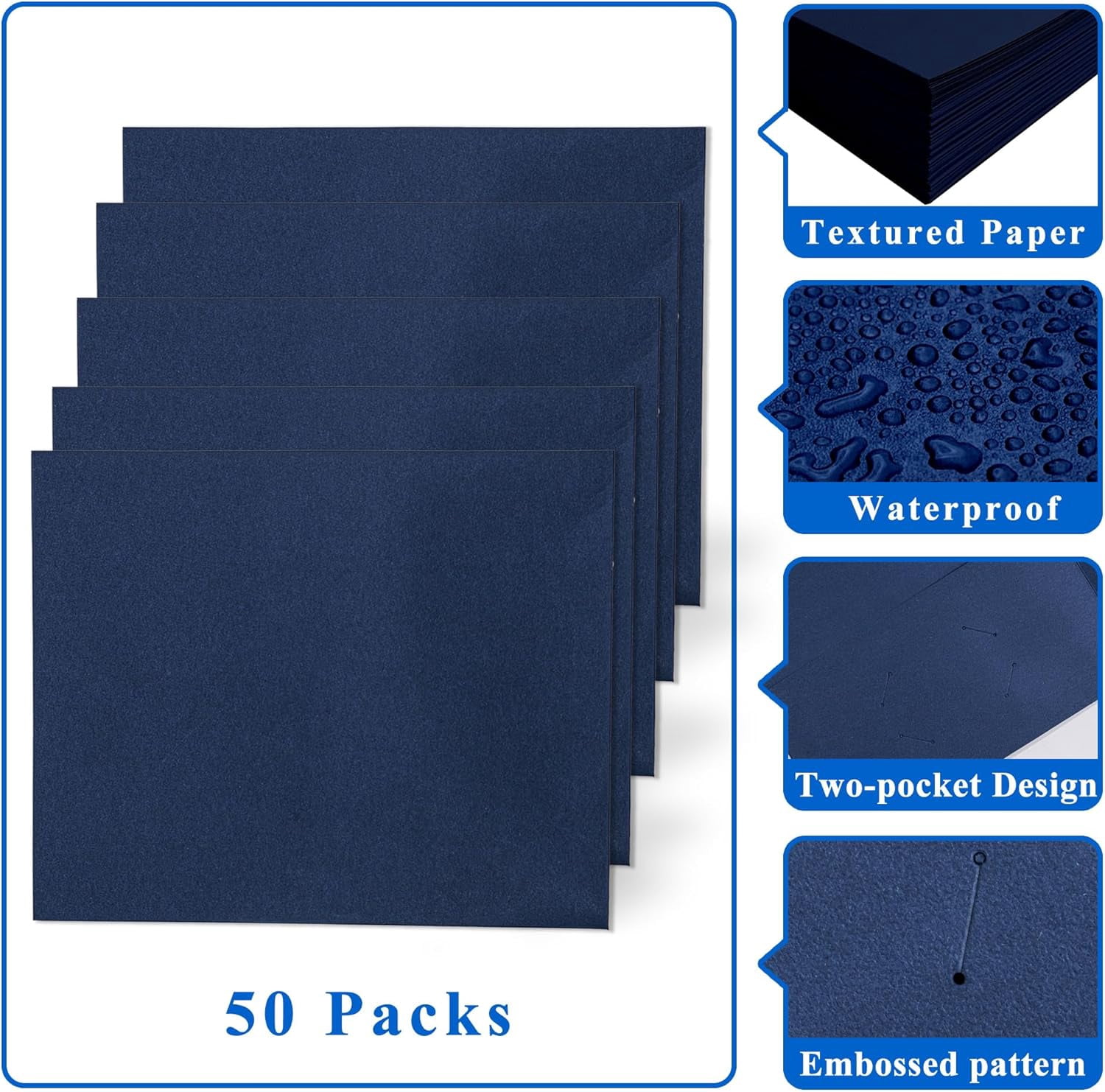 50 Packs Two Pocket File Folders with Business Card Slot,Textured Paper,Letter Size,Holds 100 Plus Sheets for School,Office,Business,Royal Blue