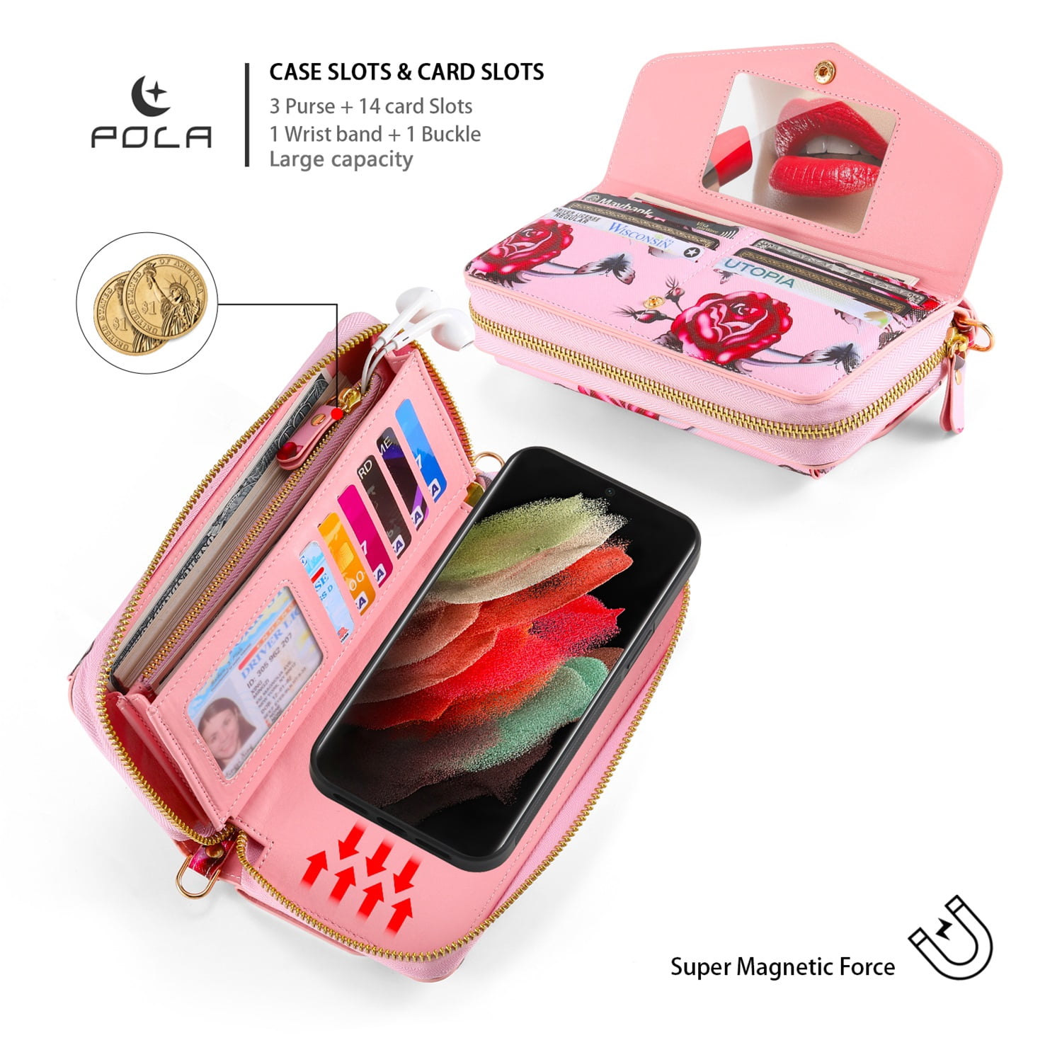 SaniMore Magnetic Detachable Wallet Case for Samsung Galaxy S22 Ultra, Flower Pattern RFID Blocking Cover Support Wireless Charging Card Slot Shoulder & Wrist Strap 360° Full Protective Shell, Pink