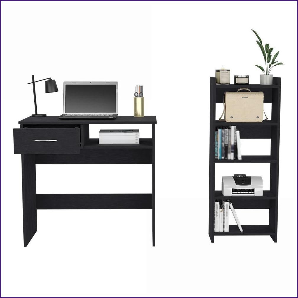 Computer Desks, Home Office Desk with Keyboard Tray, Drawer & Shelf, Black Wengue | Black | Particle Board