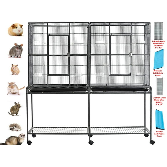 DOUBLE LARGE 3-Levels Chew-Proof Small Animals Critters Habitat Center Divider Cage With Narrow 1/2-inch Wire Spacing for Guinea Pig Ferret Chinchilla Sugar Glider Rats Mice Hamster Hedgehog Gerbil