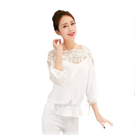 

Women Loose Stitching Lace Cropped Sleeves Top Perspective Petal Neckline