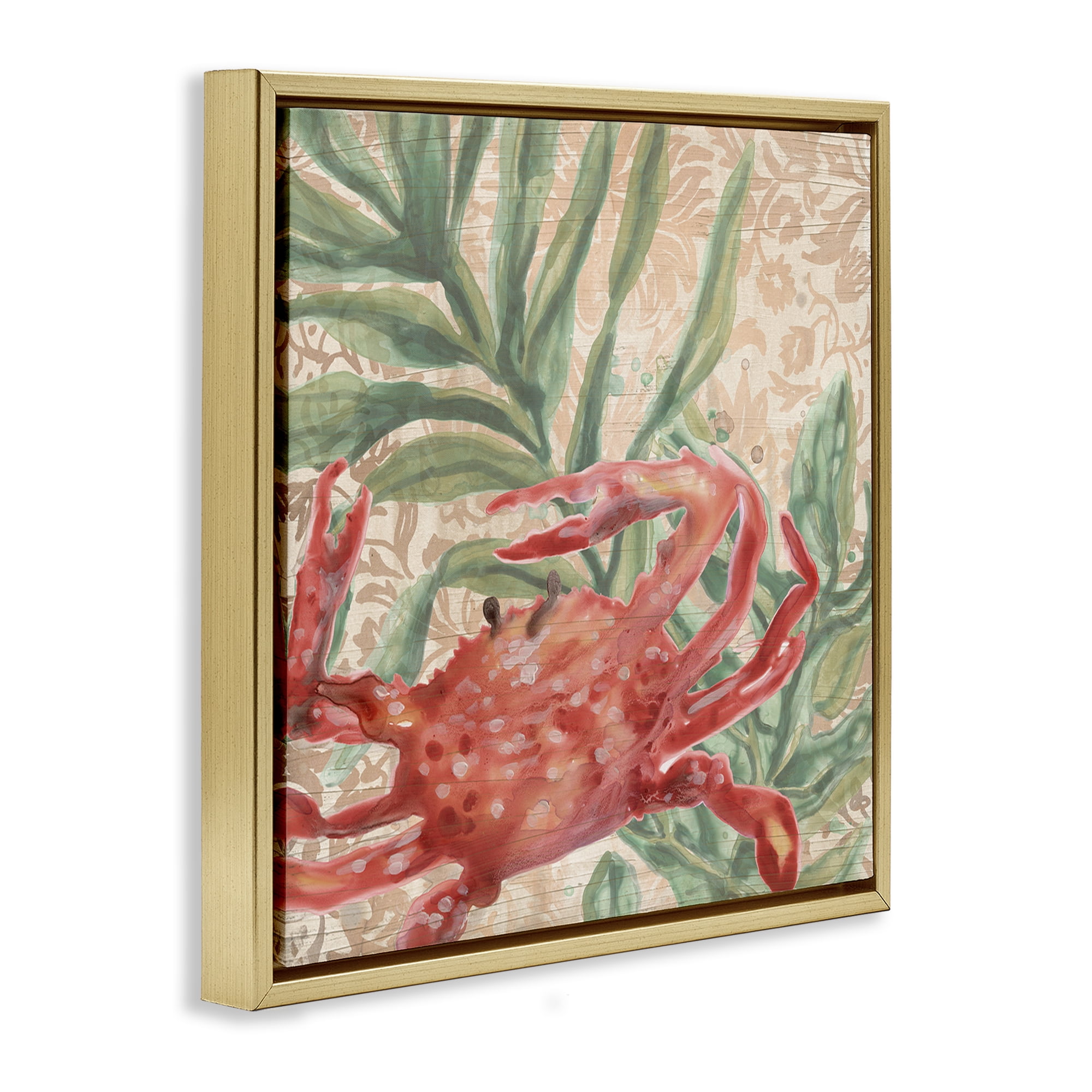 Stupell Industries Crab on Floral Pattern Animals & Insects Painting Gold Floater Framed Canvas Art Print Wall Art, 25 x 25