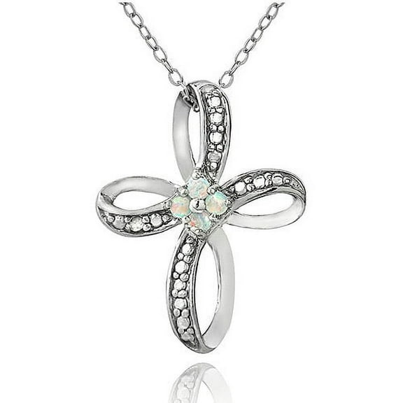 Created White Opal and Diamond Accent Sterling Silver Cross Pendant, 18"
