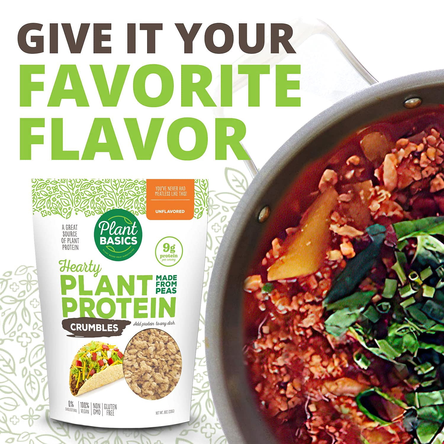 Plant Basics - Hearty Plant Protein - Unflavored Crumbles, 8 oz (Pack of 6), Made from Peas, Non-GMO, Gluten Free, Low Fat, Low Sodium, Vegan, Meat Substitute
