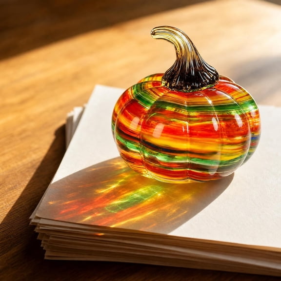 Hand Blown Glass Pumpkin Figurine, Colorful Glass Pumpkin Ornament, Tabletop Fall Decor for Halloween Thanksgiving Harvest Home Decoration(Style A)Q